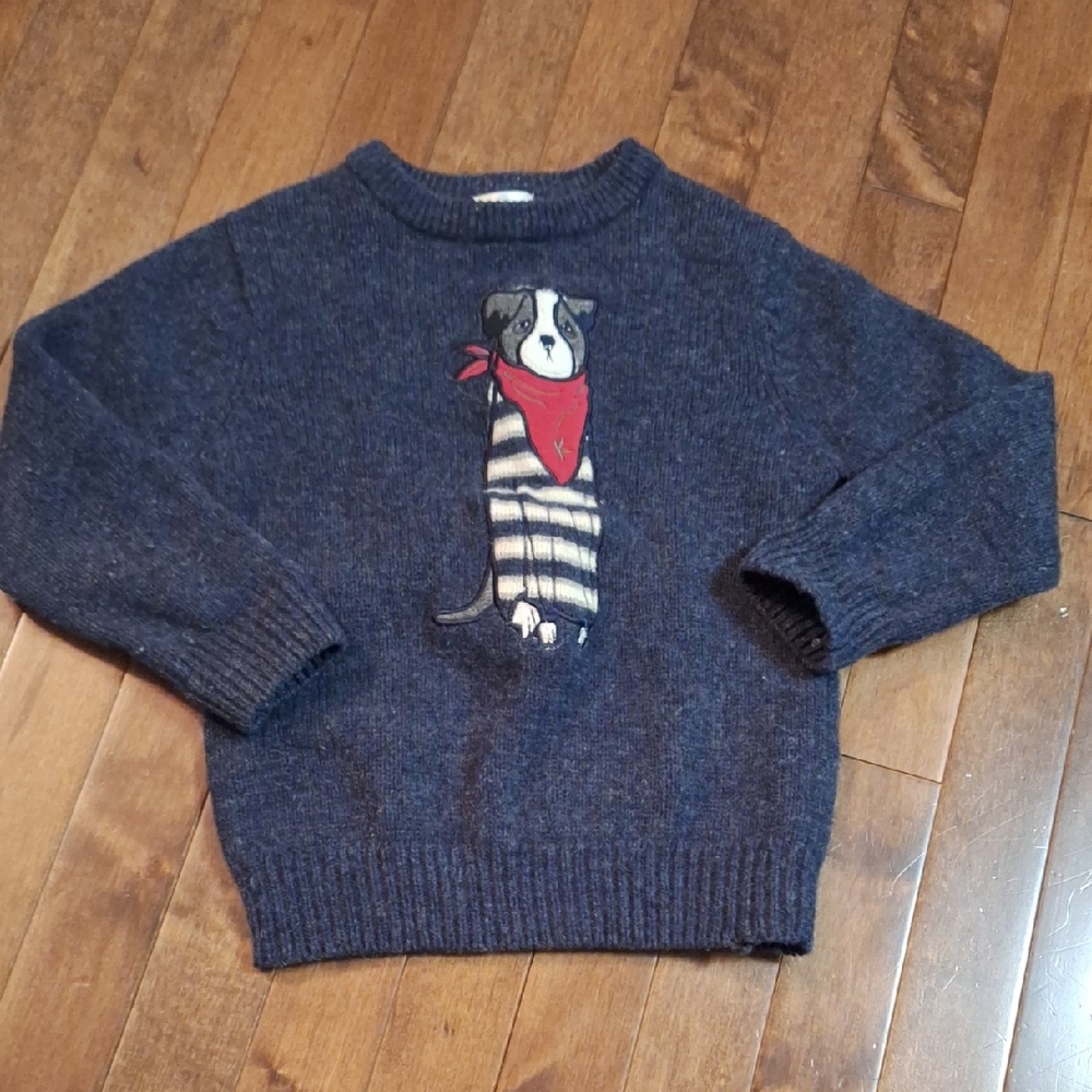 100% Lambswool Warm Blue and Red Knit Sweater with Dog Design Size 6